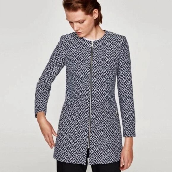 ✨Zara Classic Minimalist Tweed Blue White Zip Up Sz Medium Peacoat✨ - Picture 1 of 10